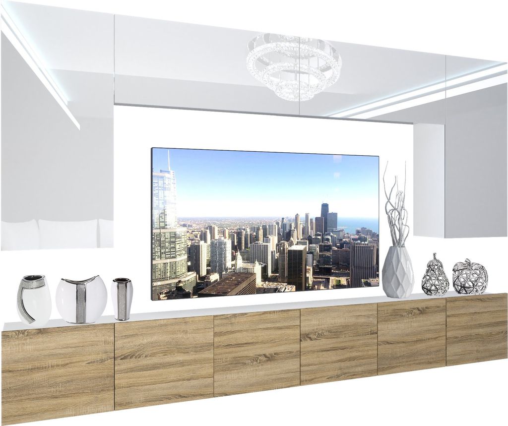 BELINI Wohnwand Vollausstattung Wohnzimmer-Set Moderne Schrankwand mit LED-Beleuchtung Weiß Glänzend Anbauwand TV-Schrank Weiß / Sonoma Eiche Gl...