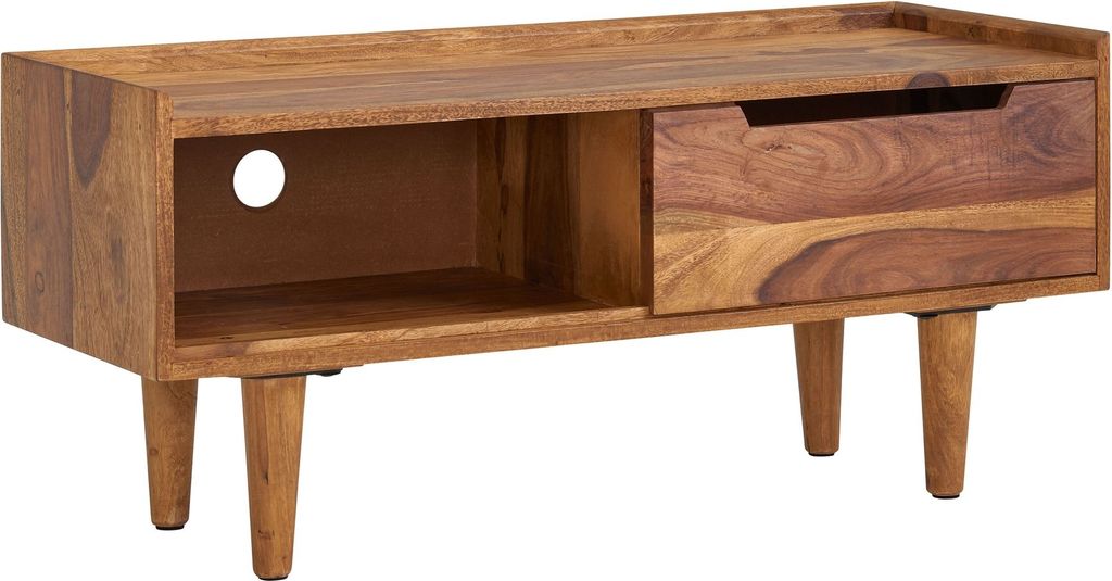 A wooden TV stand with a drawer and an open compartment, shown from the front.