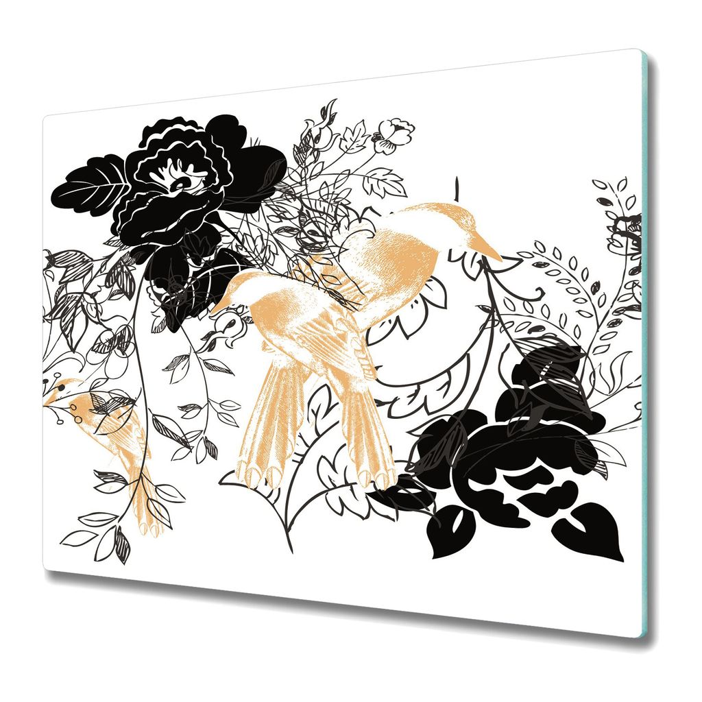 Küche Schneidebrett - Schneidebrett Glas - Herd Abdeckung - Vögel und Blumen Schwarz und Gelb