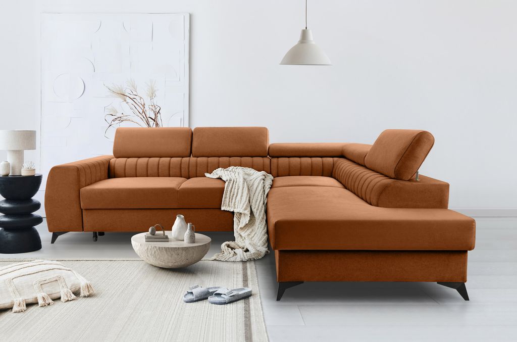 BREGO Orange L-Form Ecksofa 270x202 cm Rechte Seite – Schlafsofa mit Bettkasten, Verstellbaren Kopfstützen, Zetta Stoff, Modernes Design, Freist...