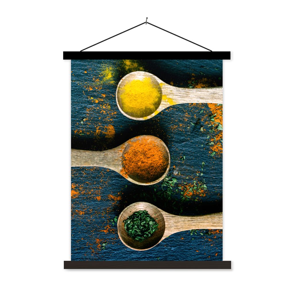 MuchoWow Textilposter Gewürze - Löffel - Kräuter - Braun - Gelb - Grün 60x80 cm mit schwarzem Rahmen - Plakathalter