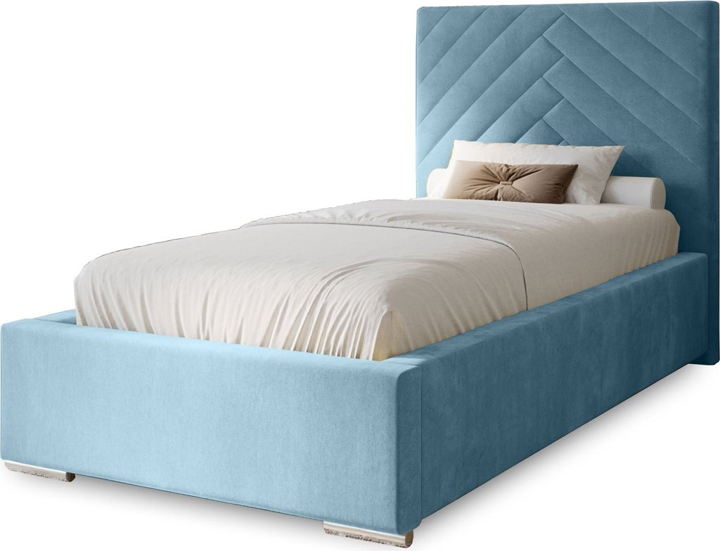 Polsterbett Aura 80x200 cm, Bett mit Kopfteil, Doppelbett mit Bettkasten, Lattenrost und Matratze aus Holz, Velourstoff: Hellblau