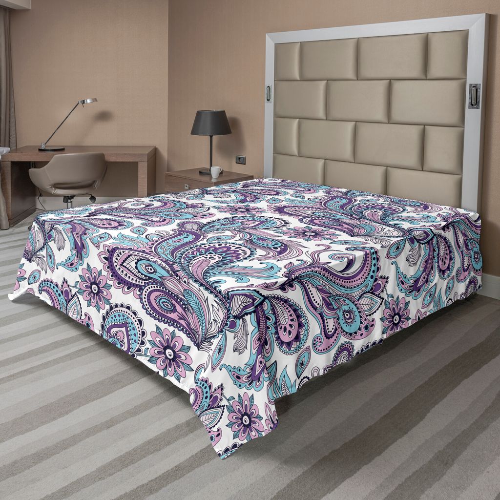 ABAKUHAUS Paisley Bettlaken, Blaue und lila Blumen Blätter Blümchenmuster böhmischen Stil Country Print, weiches bequemes oberes Bettlaken für ...