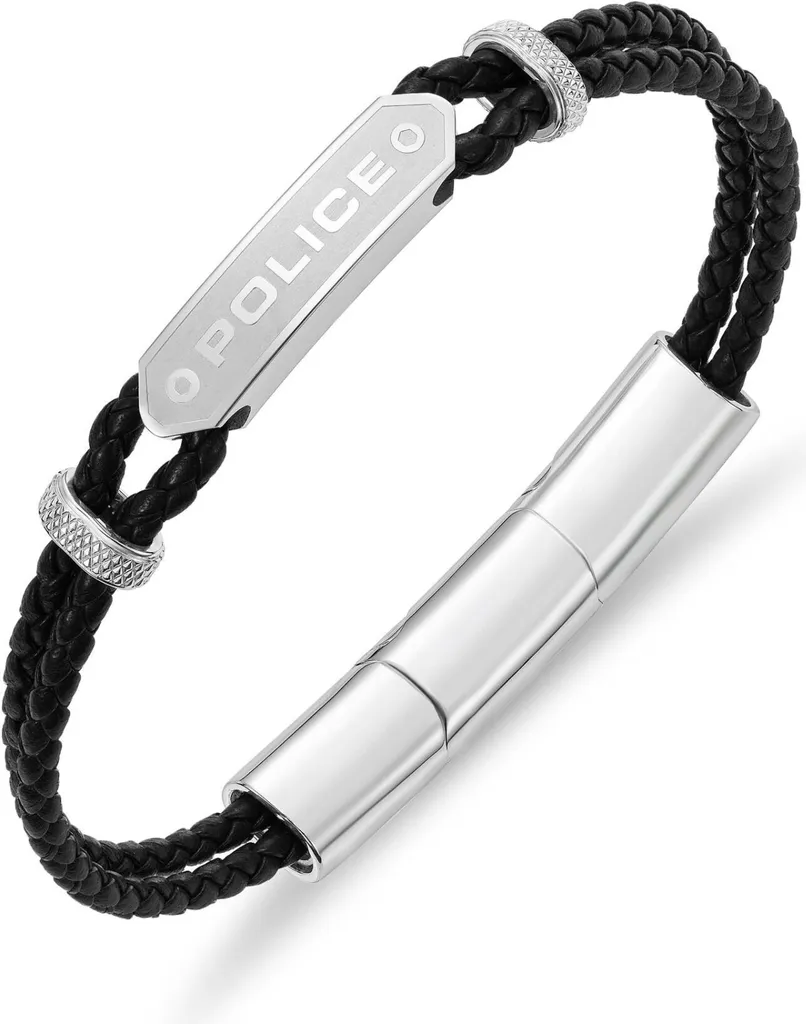 Bracelet Homme Double Cordon Police Twincord en Cuir et Acier Noir