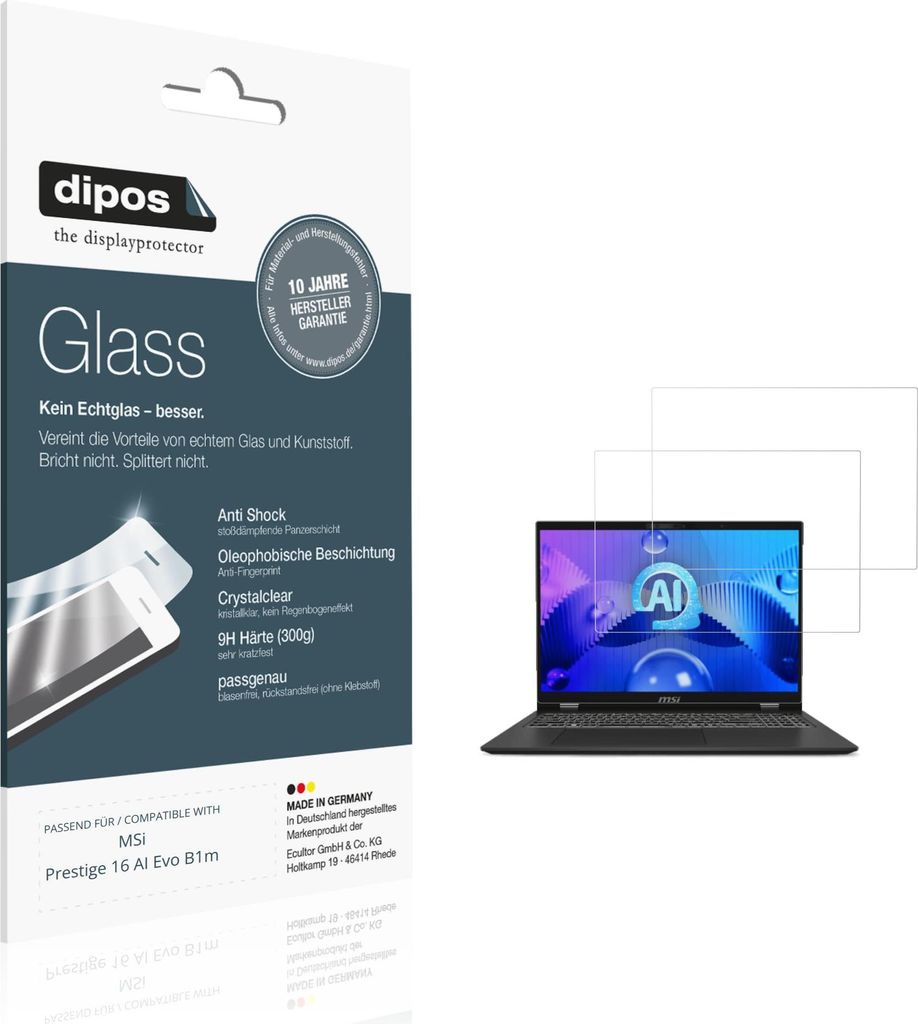 2x Schutzfolie für MSi Prestige 16 AI Evo B1m - Anti-Shock 9H Folie dipos Glass Kunststoffglas