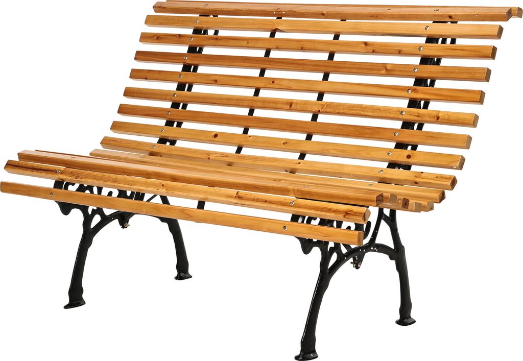 A wooden and metal park bench is shown against a white background.