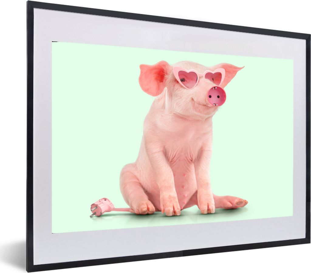 MuchoWow Gerahmtes Poster Schwein - Rosa - Brille - Sockel - Tiere 60x40 cm - Poster mit Schwarzem Bilderrahmen Wandposter Rahmen Foto Bilder - S...