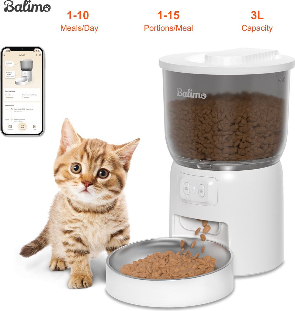 Balimo Futterautomat 3L Weiß, Katze und Hund, Futterautomat mit App, Smartphone-Steuerung, Für Katzenfutter und Hundefutter, Trockenfutter - WiFi