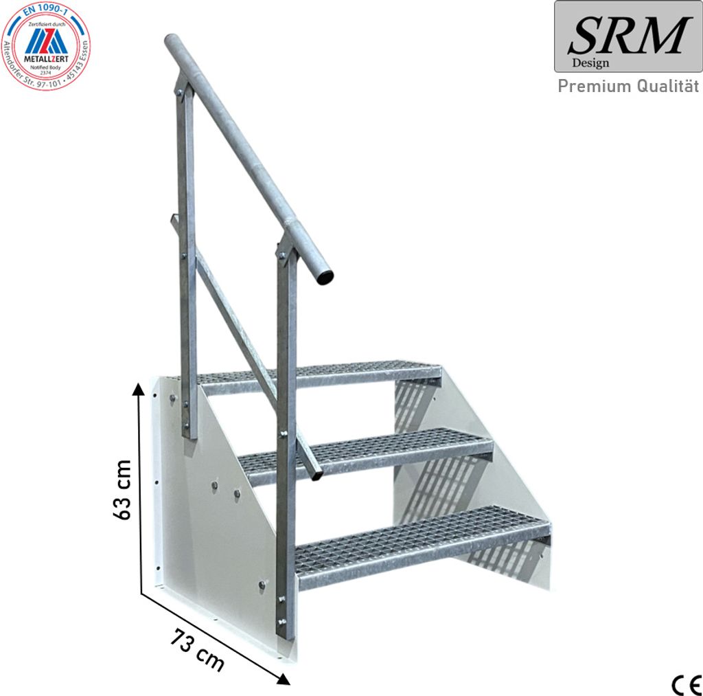 3 Stufen Standtreppe Modell 1 freistehend weiß Treppe Stahltreppe Breite 110 cm Höhe 63 cm mit einseitigem Geländer
