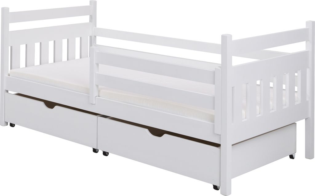 KEF Kinderbett HANNAH Bett aus Holz mit Stauraum Jugendbett und Mädchenbett für Kinderzimmer Weiß ohne Matratze 80x190 cm