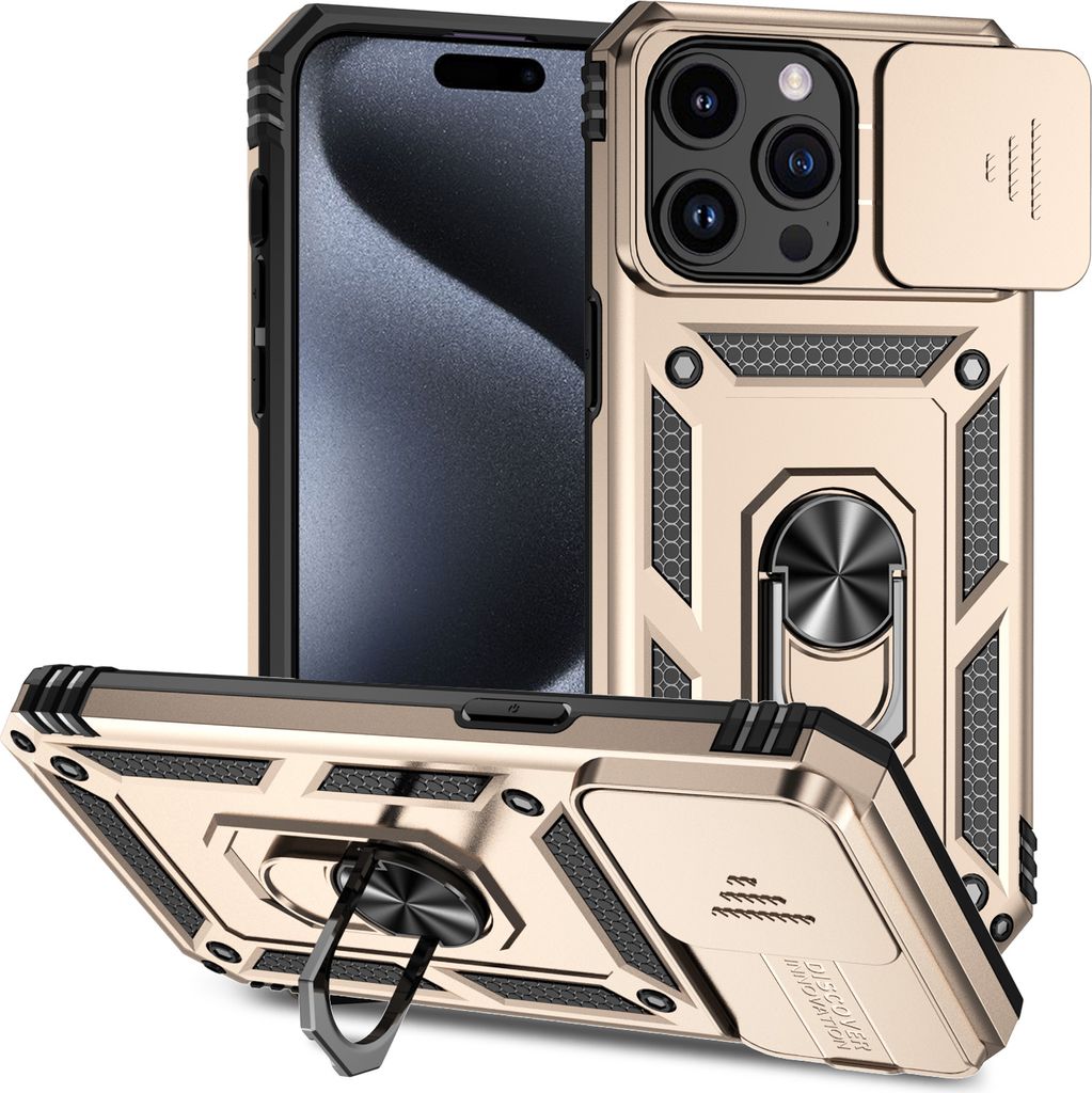 iPhone 15 Pro Hülle mit Schiebe Kamera Schutz und Ringhalter Ständer Robust Rüstung Schutzhülle für iPhone 15 Pro Gold