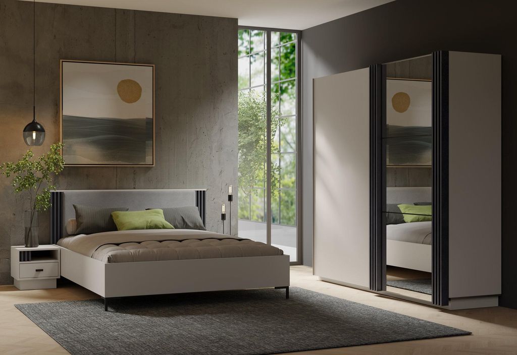 Schlafzimmer set – 3 Teile – Kleiderschrank – Bett – Nachttisch – ALLMO System – Kaschmir – Komfortabel & Elegant Ohne Matratze