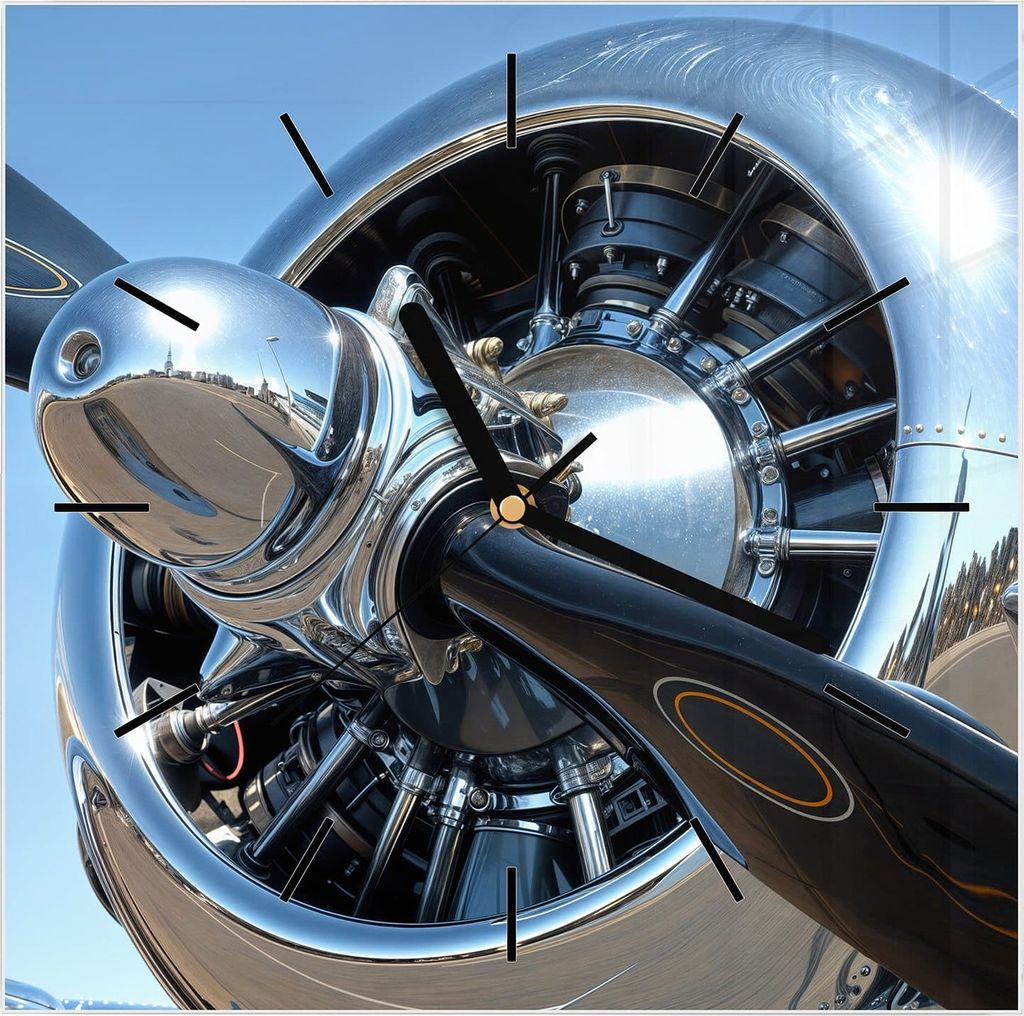 Wanduhr aus Glas mit Motiv Flugzeugpropeller- 30 x 30 cm - inkl. Aufhängesystem