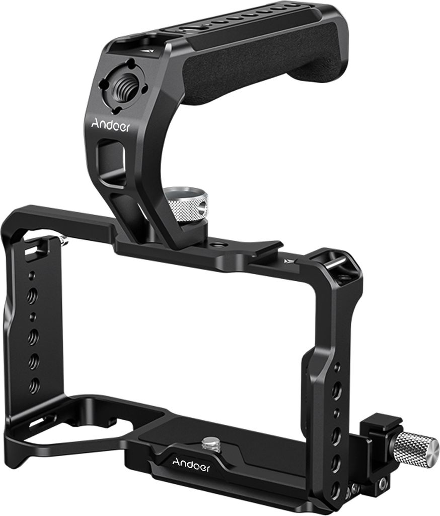 Andoer Kamera-Videokaefig + Top-Griff-Kit, Kamerakaefig aus Aluminiumlegierung mit Cold Shoe-Halterungen, 1/4 Zoll und 3/8 Zoll Gewinde, Kabelclip-...