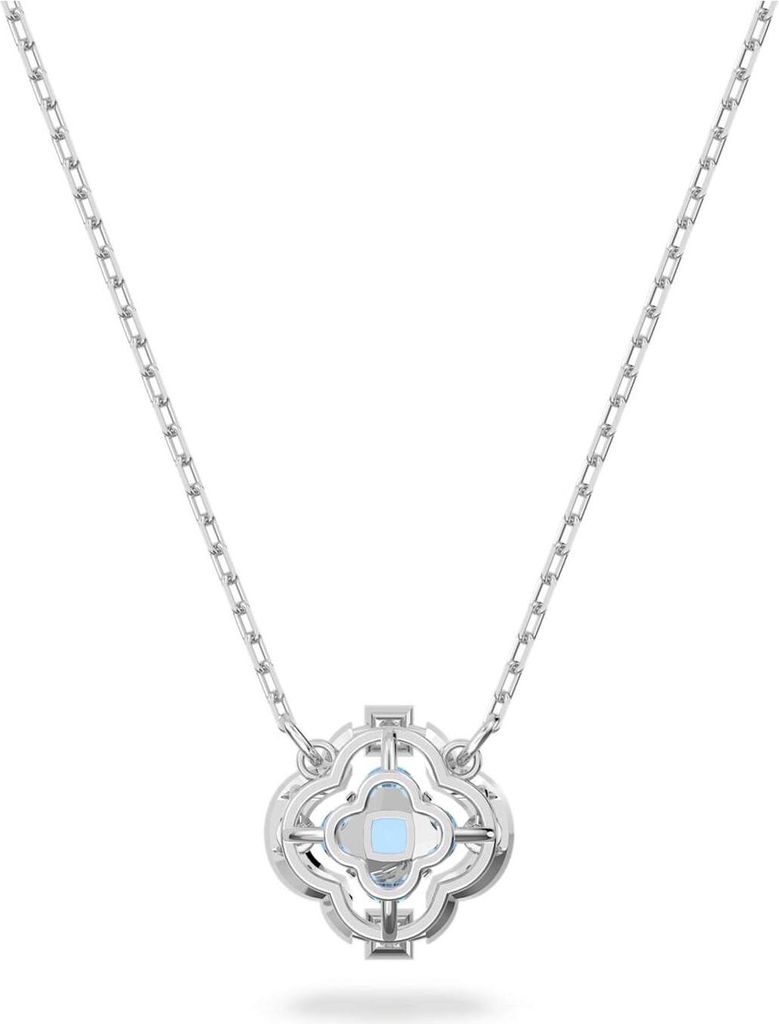 A silver necklace with a clover-shaped pendant featuring a blue crystal.