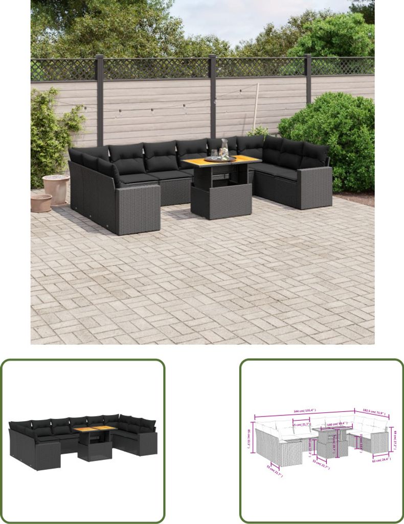 The Living Store 11-tlg. Garten-Sofagarnitur mit Kissen Schwarz Poly Rattan