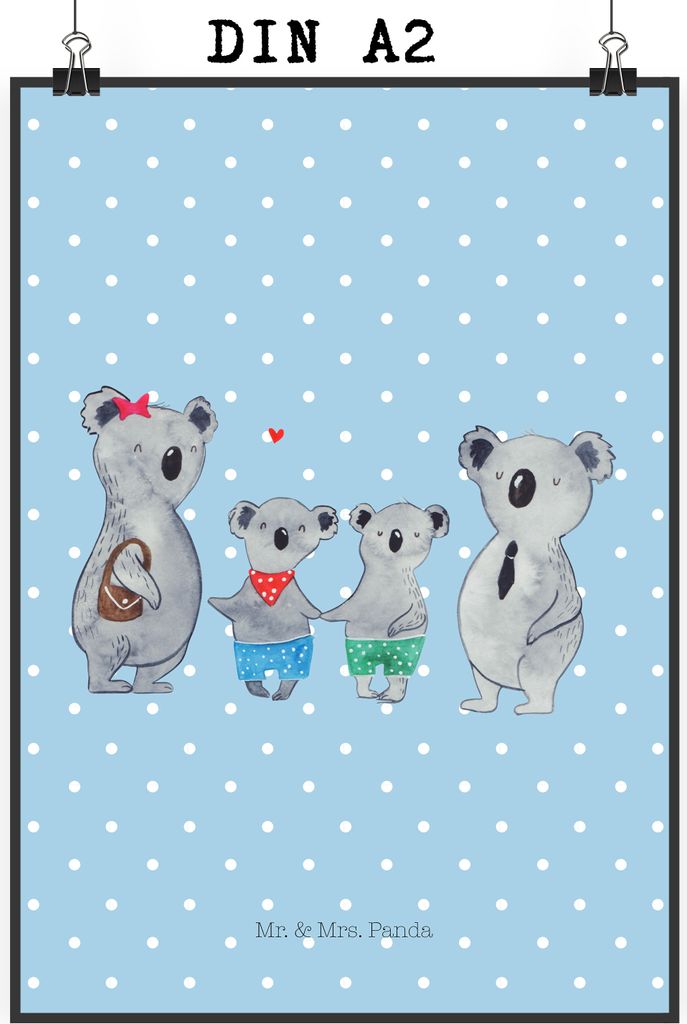 Mr. & Mrs. Panda Bild Koala Familie zwei DIN A2 - Blau Pastell - Geschenk, Deko, drucke, Zusammen, Muttertag, Wandbild, wandkunst, Koalabär, wanddeko