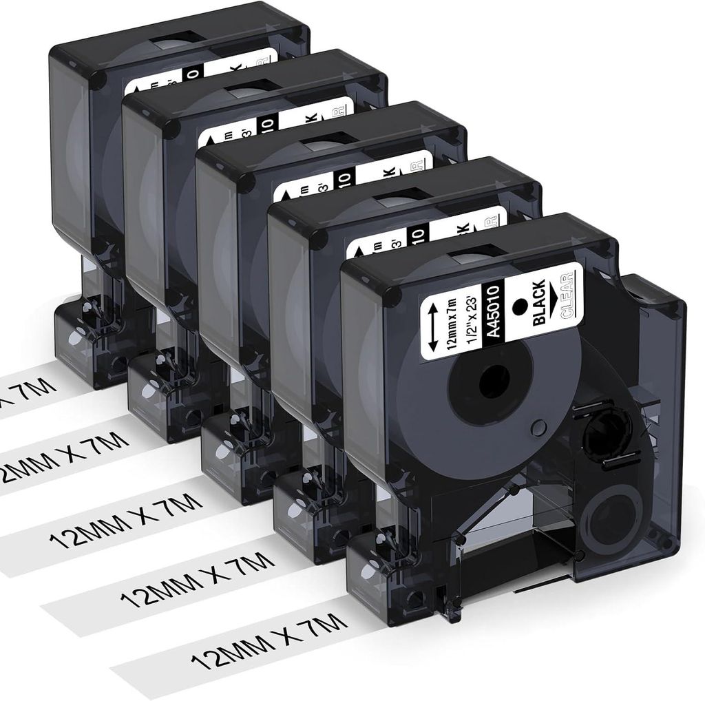 Phomemo Etikettenband Kompatibel mit Dymo D1 Transparent 12mm x 7m 45010 für LabelManager 160 280 210D 360D 420P, Schwarz auf Clear