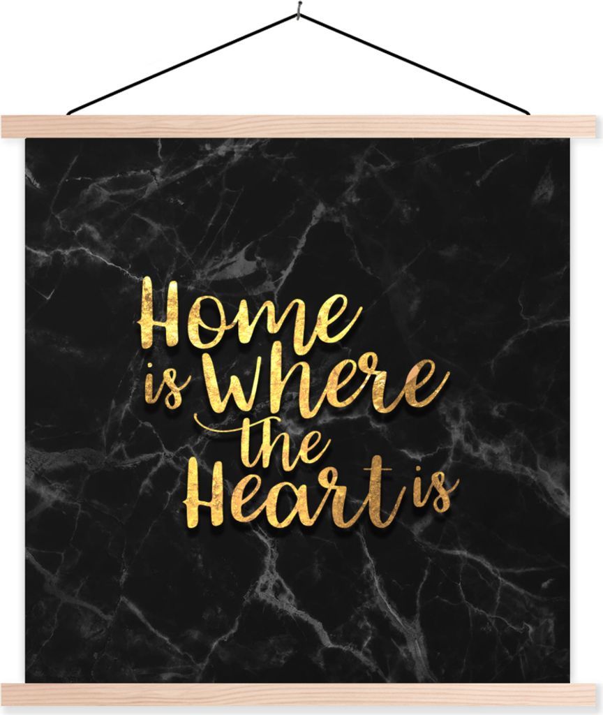MuchoWow Textilposter Zitat - Zuhause - Herz - Gold 40x40 cm mit holzfarbenen Rahmen - Posterleiste