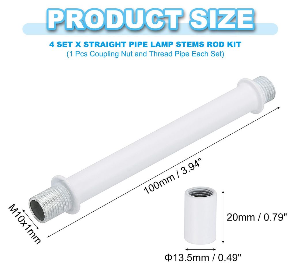 Gerades Rohr-Lampen-Stiel-Set, Lampenstiel 4 Stš¹ck M10 Kohlenstoffstahl 100mm (3,94") lange doppelseitige Gewindestange mit Kupplungsmutterhš¹...
