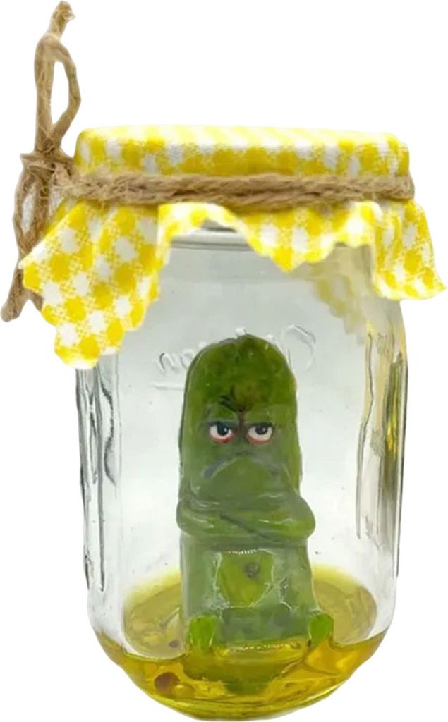 Griesgrämige Gurkenskulptur im durchsichtigen Glas – Traurige, ängstliche Gurkenfigur – Statue – Dekoration für Zuhause, Büro oder Schrei...