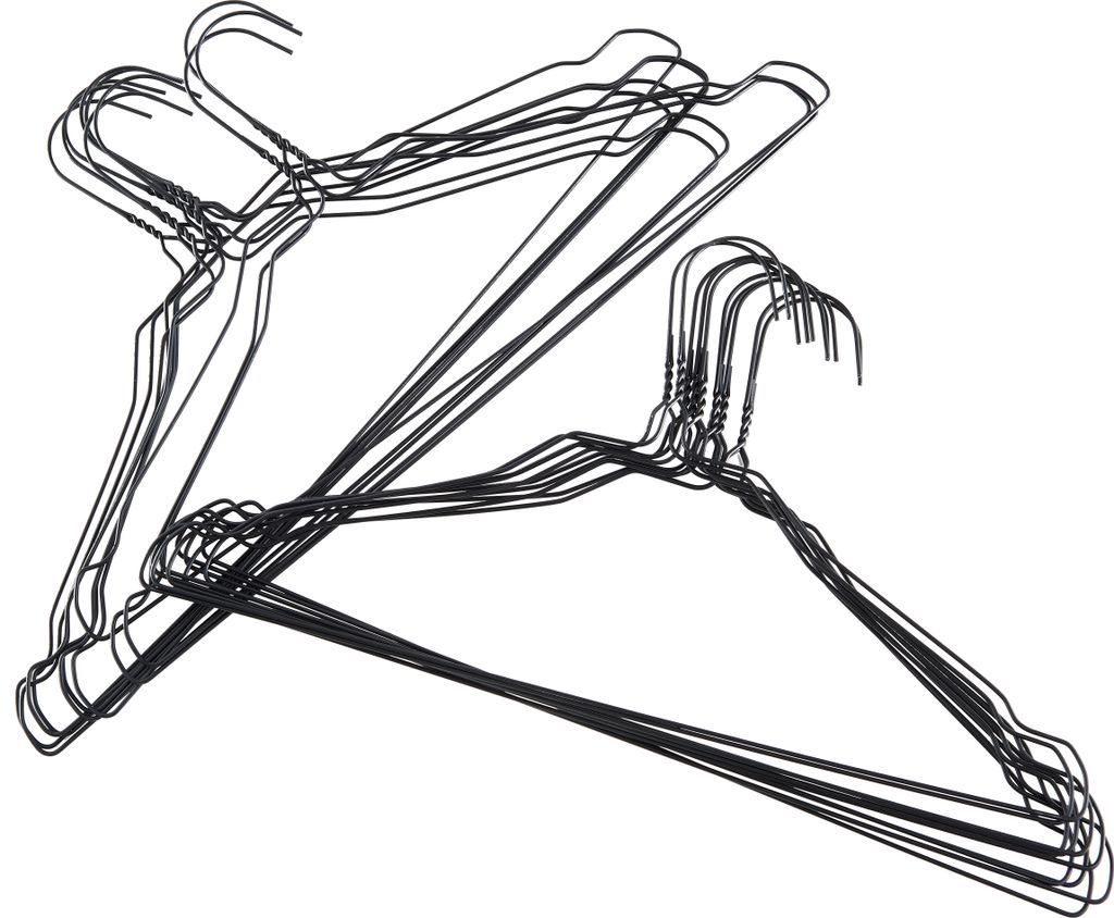 A pile of black metal hangers against a white background.