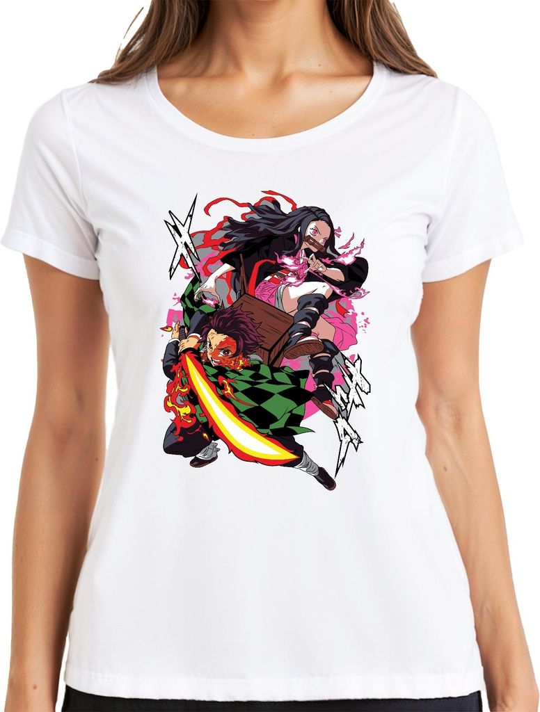 Kimetsu no Yaiba Tanjiro Nezuko Feuerklinge Anime Geschenk Manga Damen T-Shirt, Weiß, XXL