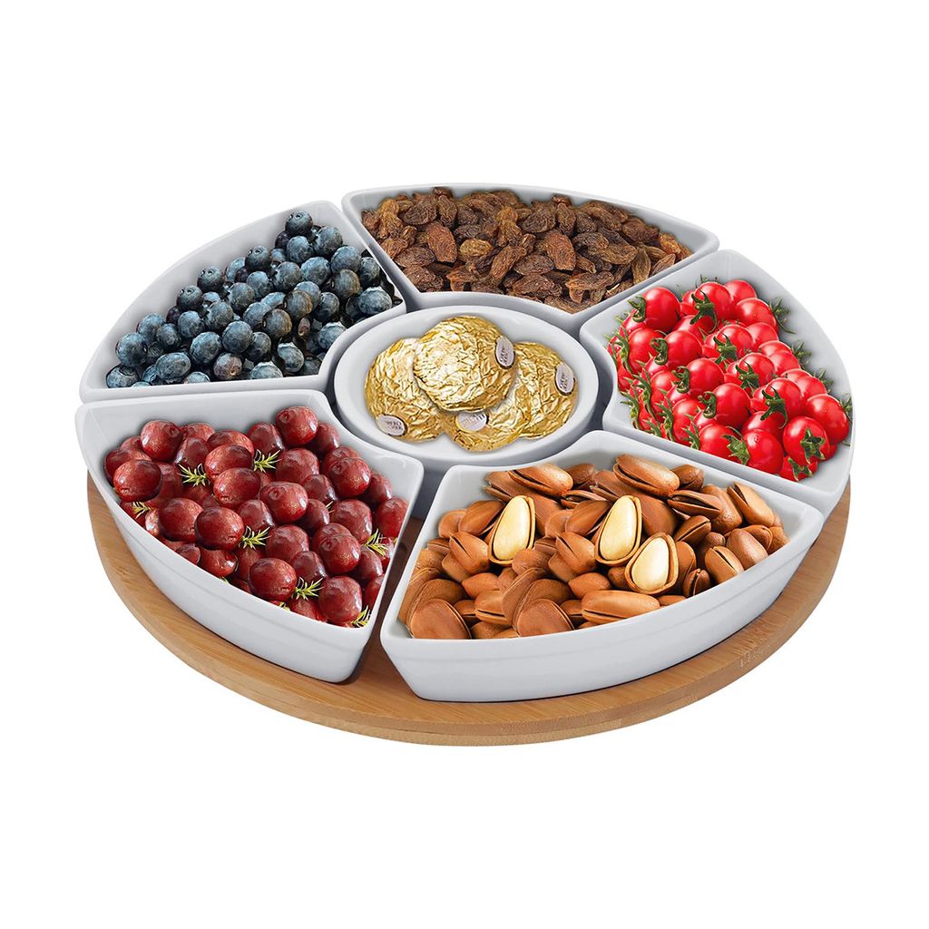 Serviertabletts, Platten, Schalen auf hölzernem Serviertablett, 5er-Set, für Chips und Dips, Gemüse, Süßigkeiten und Snacks, weiß
