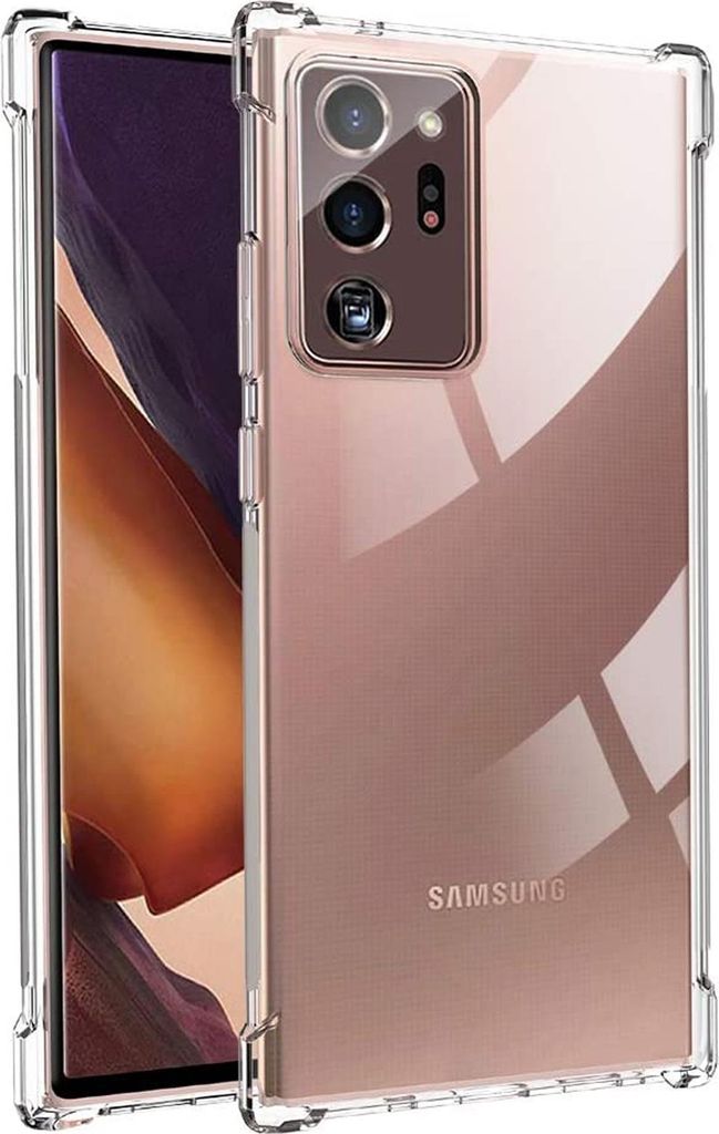 A clear, studio shot of a transparent phone case on a rose gold Samsung Galaxy Note 20 Ultra.