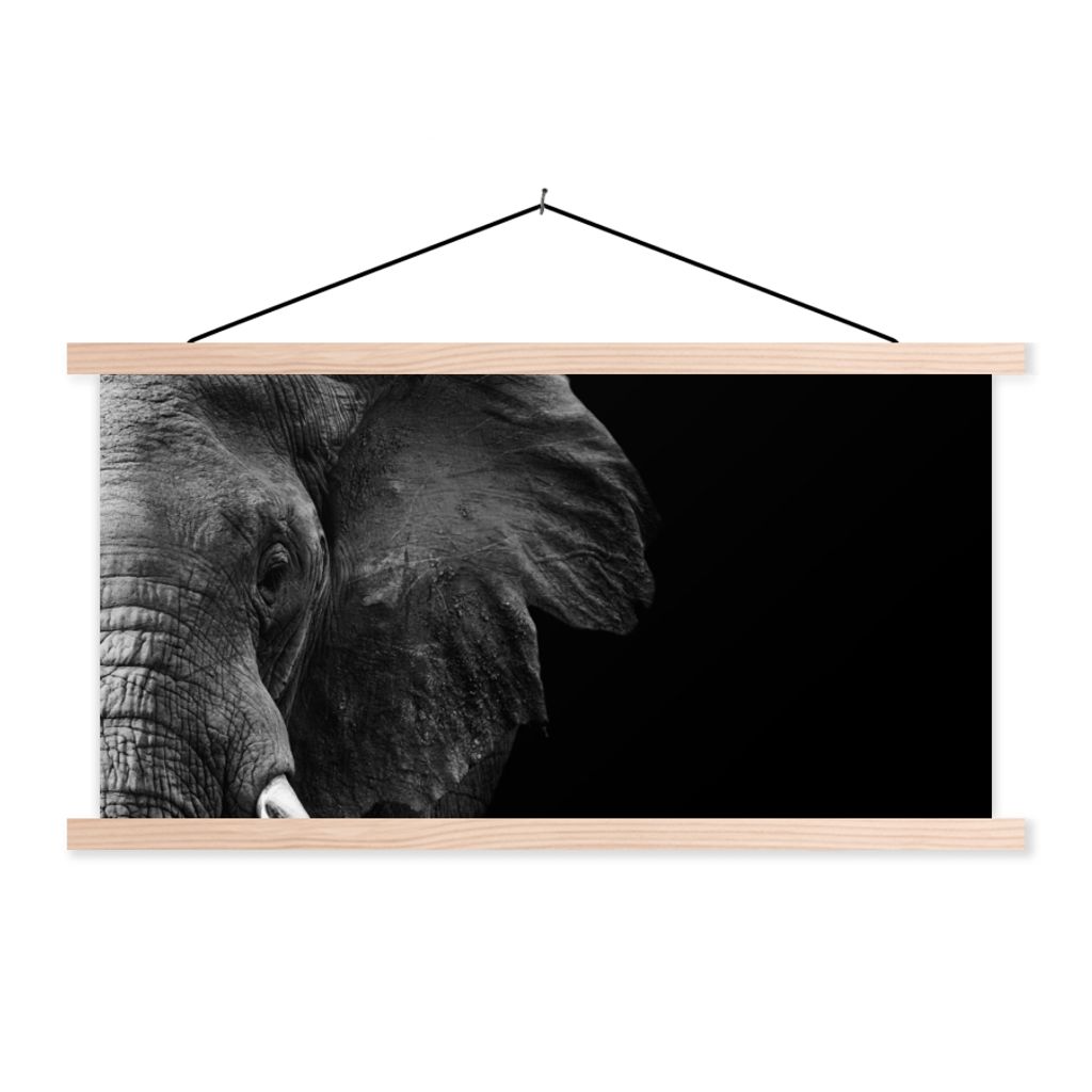 MuchoWow Textilposter Tiere - Elefant - Wild - Schwarz - Weiß 60x30 cm mit holzfarbenen Rahmen - Dekoration