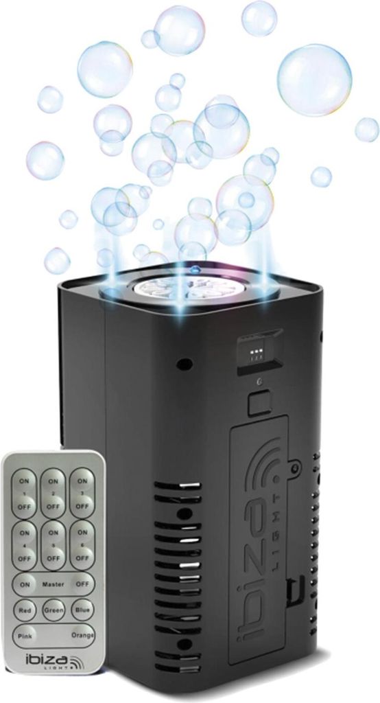 A black bubble machine with a remote control, producing bubbles and light effects.
