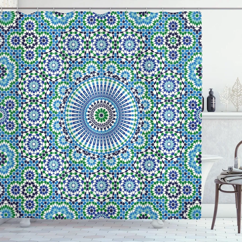 ABAKUHAUS Tenda da doccia Orient, motivo orientale con fiori, motivi decorativi, 175 x 220 cm, azzurro verde bianco
