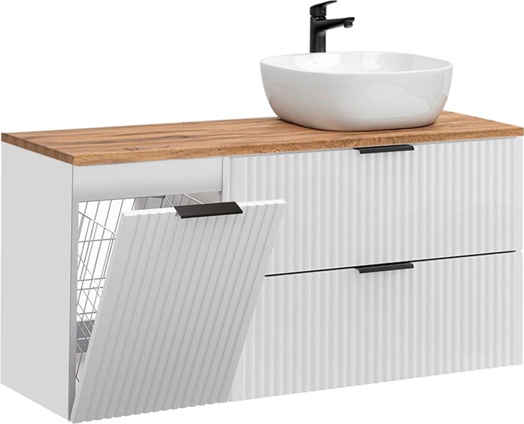 Waschtisch 120.8cm Adriel mit 2 Schubladen, Weiß und Holzoptik