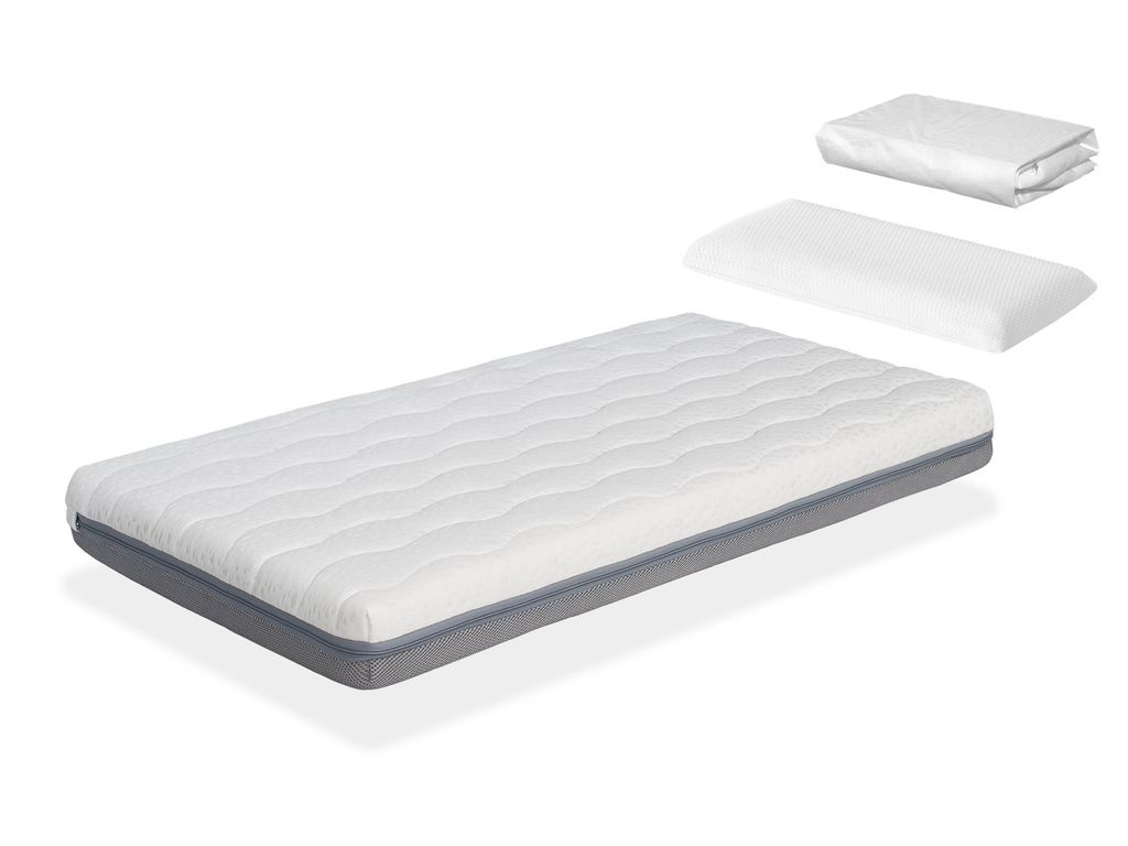 Pack DORMALIT Kindermatratze 70X160 KALA, Hohe 13 CM + 1 viskoelastisches Kopftissen + 1 Matratzenschoner