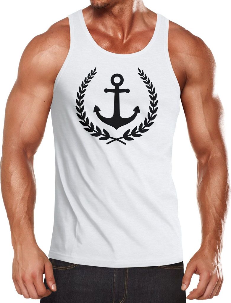 Herren Tank-Top Anker Lorbeerkranz Aufdruck Print Motiv Muskelshirt Muscle Shirt Neverless weiß 3XL