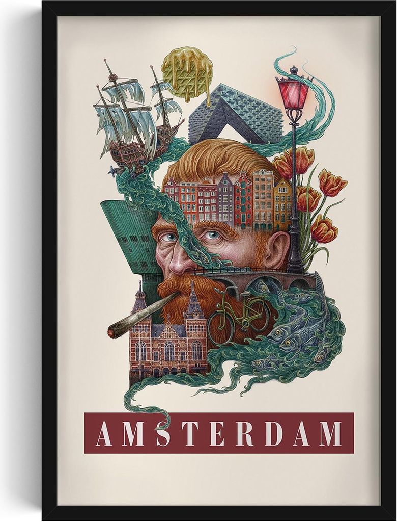 Bilderrahmen – Wandbild – Stadtbild – Amsterdam – 40x60 cm – Schwarzer Rahmen – Dekoration – Modern – Kunst – Wohnzimmer – Schl...