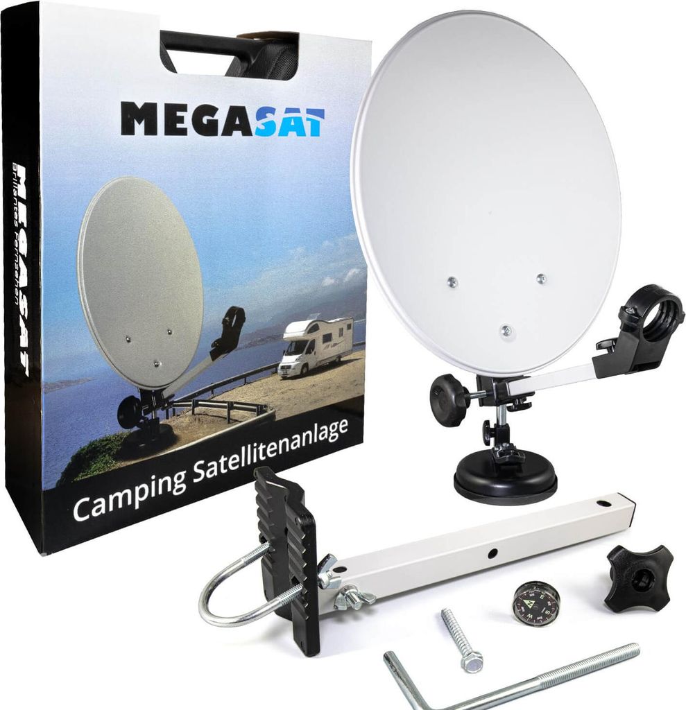 A product shot of a Megasat camping satellite dish system, with its packaging in the background.