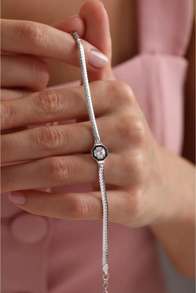 Bracelet en argent 925 rhodié pour femme avec solitaire en oxyde de zirconium
