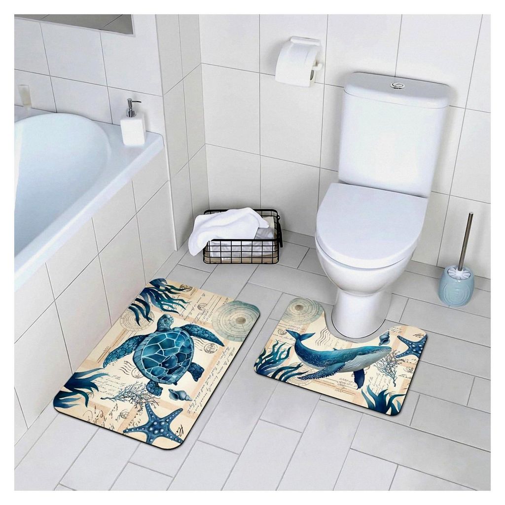 Badematten Set, 2-teilig, Ozean Unterwasserwelt, absorbierende Badeteppiche, rutschfest, schnelltrocknend, weiche, waschbare Badematten für Badezi...
