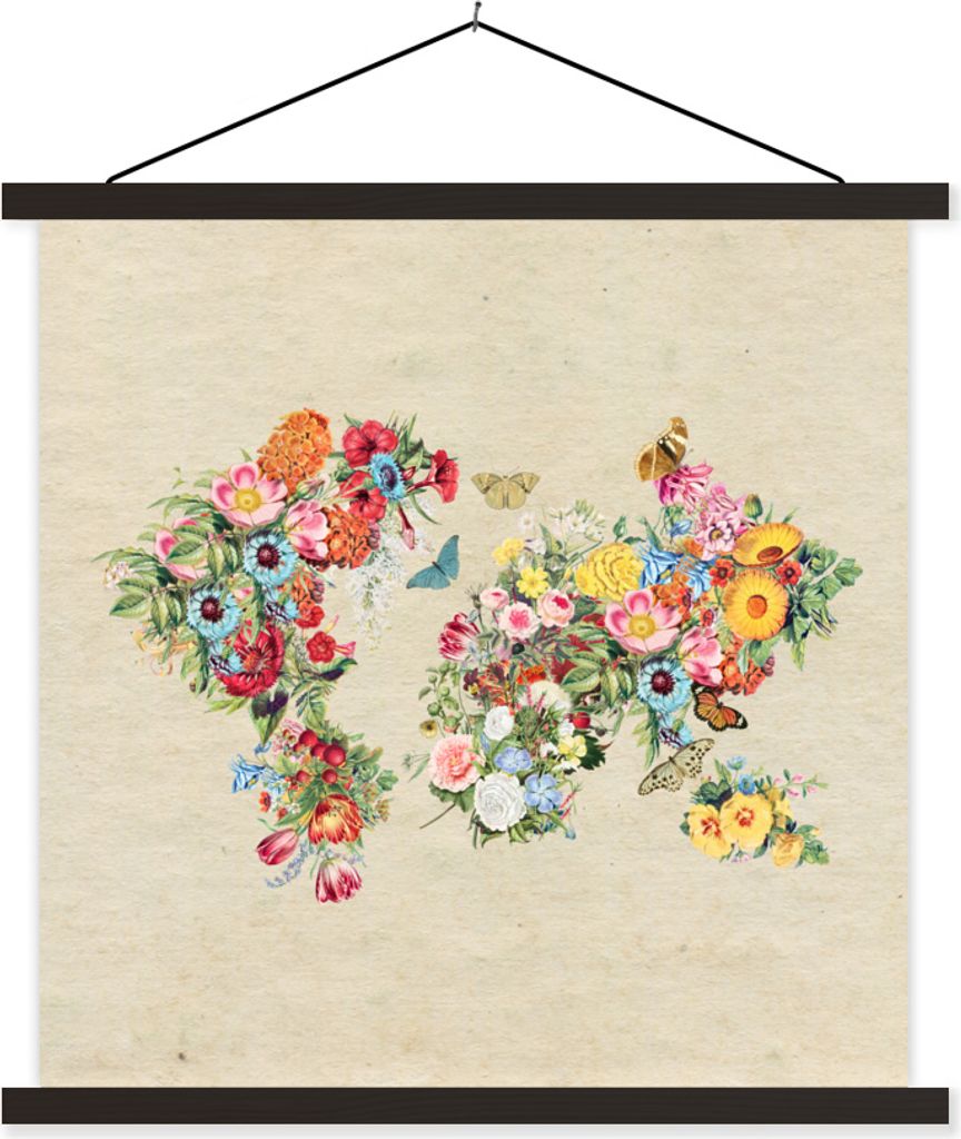 MuchoWow Textilposter Weltkarte - Blumen - Schmetterling - Braunes Papier 90x90 cm mit schwarzem Rahmen - Magnetisches