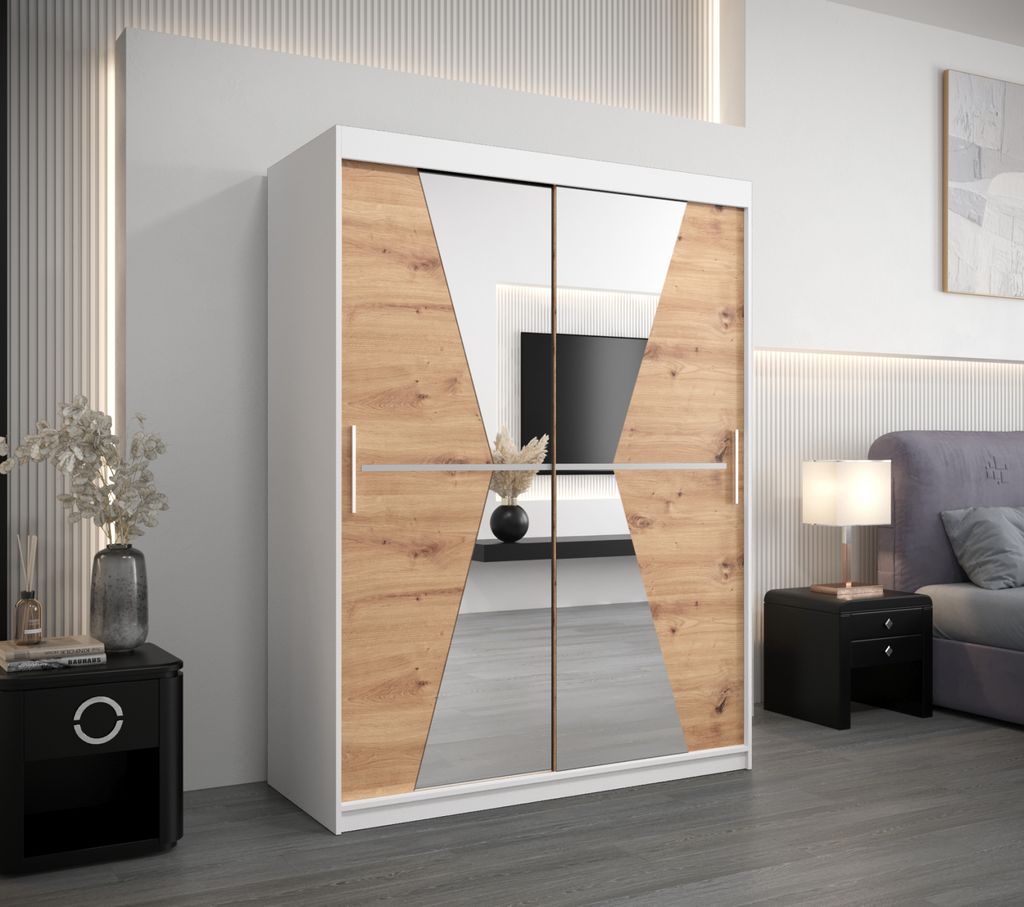 Kleiderschrank mit Spiegeln MILANA – Breite 150 cm, weiß / Eiche artisan