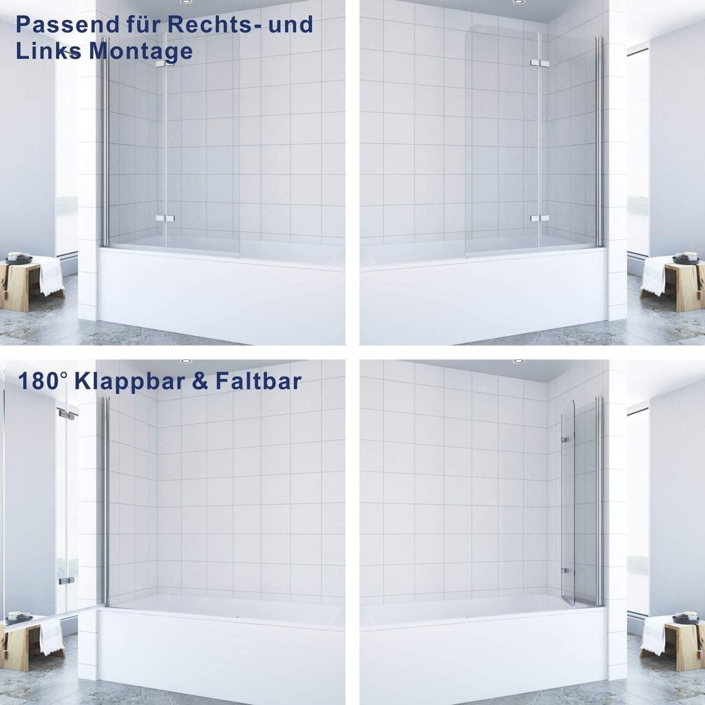Duschtrennwand TWO-F 120 X 140 Cm Für Badewanne – Aus 6 Mm ESG-Sicherheitsglas, Satinierte Streifen, Verchromt