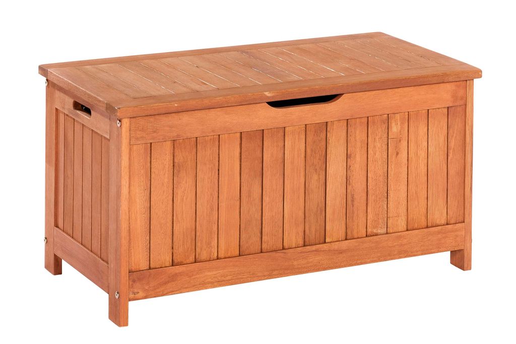 A wooden storage box with a lid, shown from a three-quarter front view against a white background.
