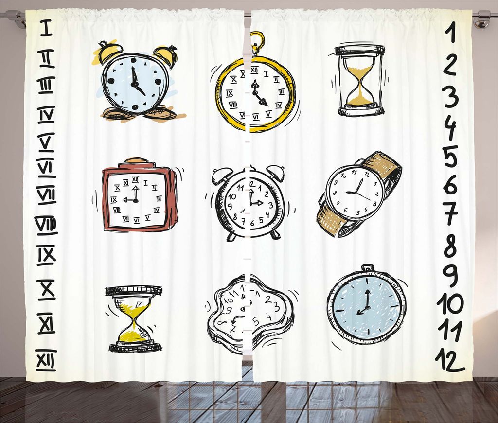 ABAKUHAUS Gekritzel Rustikaler Gardine, Hand gezeichnet Vintage Clock, Schlafzimmer Kräuselband Vorhang mit Schlaufen und Haken, 280 x 245 cm, Wei...