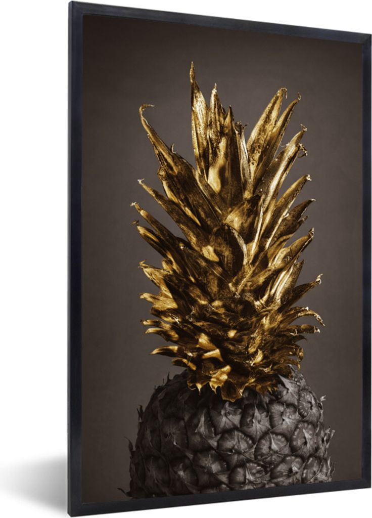 MuchoWow Gerahmtes Poster Obst - Ananas - Gold 20x30 cm - Poster mit Schwarzem Bilderrahmen Wandposter Rahmen Foto Bilder - Drucken - Bilder Post...