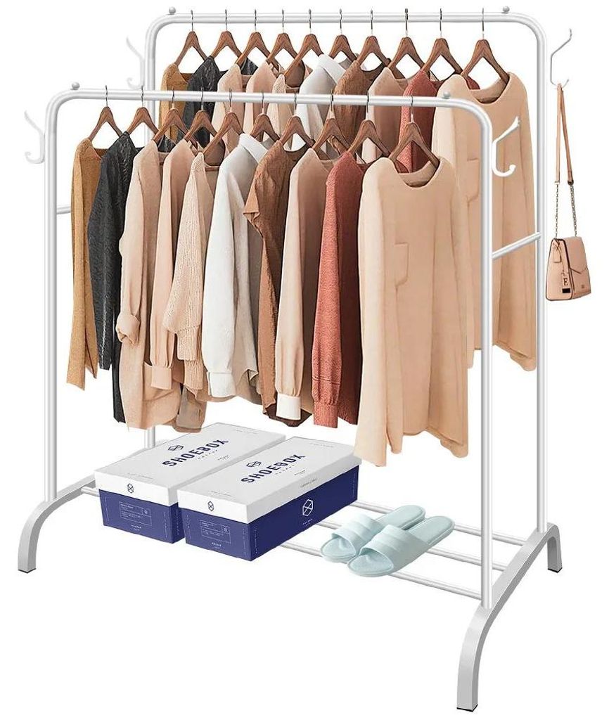 Kleiderständer - Freistehende Garderobe - Metall-Kleiderstange mit Seitenhaken - 110x53x150 cm - Für Schlafzimmer und Büro - Weiß