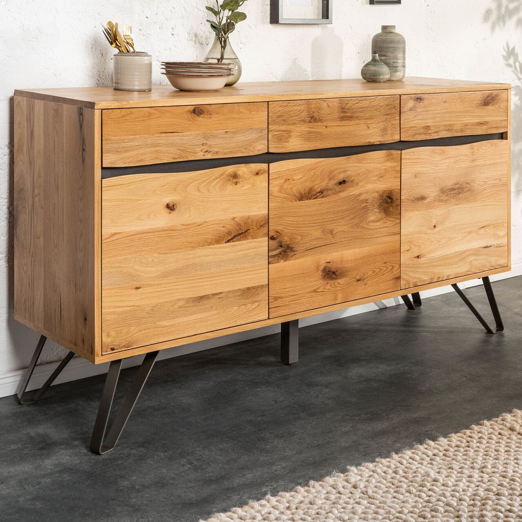 riess-ambiente Massivholz Sideboard LIVING EDGE 160cm natur Wildeiche geölt Metall schwarz Baumkanten Board Kommode Schrank Wohnzimmerschrank