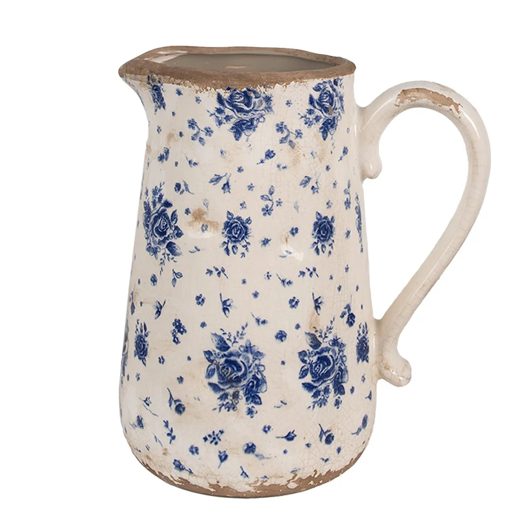 Pot en céramique fleurie beige et bleu 21 cm décor roses Clayre & Eef