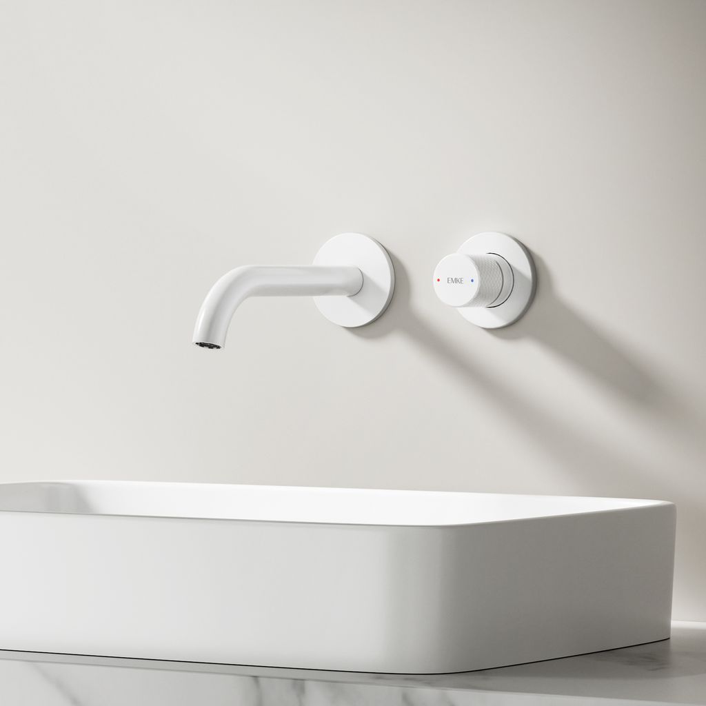 EMKE Unterputz Wandarmatur 360 Grad schwenkbar 2 Loch Badarmatur Messing Wandmontage Waschbecken 288x210x70mm pflegeleicht Weiß