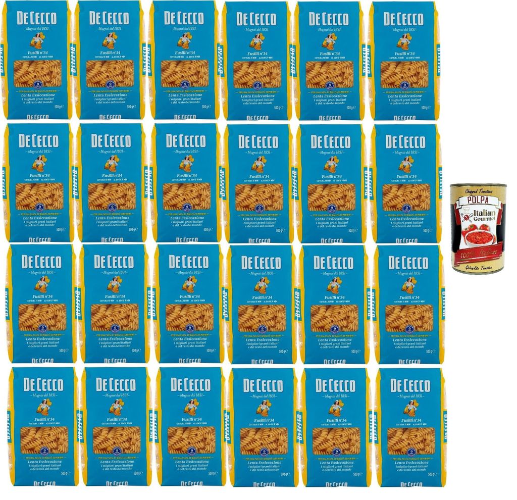 De Cecco Fusilli Pasta, 24 x 500g Packungen, Italienische Hartweizengries. + Italian Gourmet polpa 400g